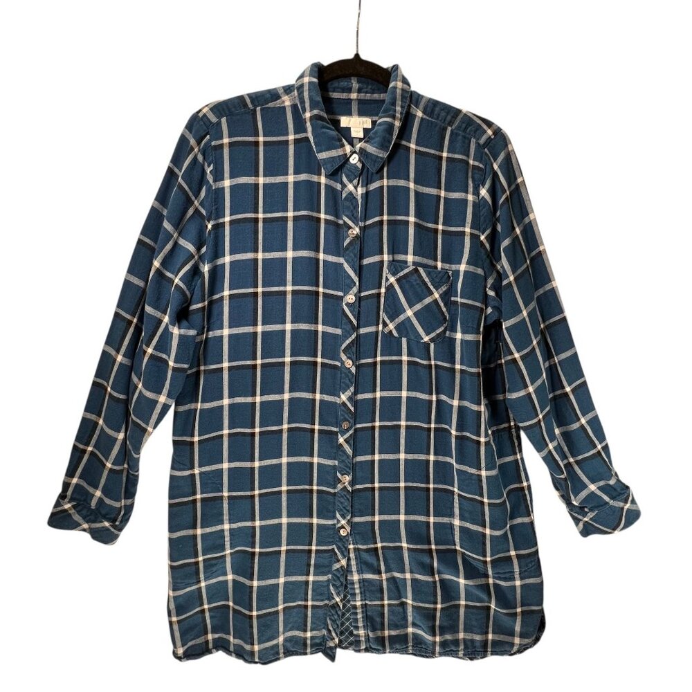 J Jill Womens Blue Plaid Button Up Tunic Shirt L Flannel Cotton Long Sleeve